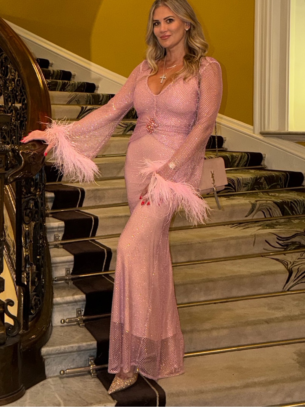 $3200 PatBo Crystal and feather mesh dress in pink